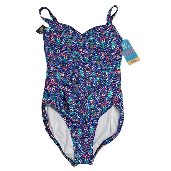 Swim Solutions Tummy Control Shirred One Piece Swim Suit Navy Multi 10 New - Picture 1 of 5